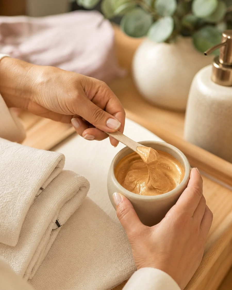 Mãos preparando creme cosmético ao lado de toalhas em uma sala de spa