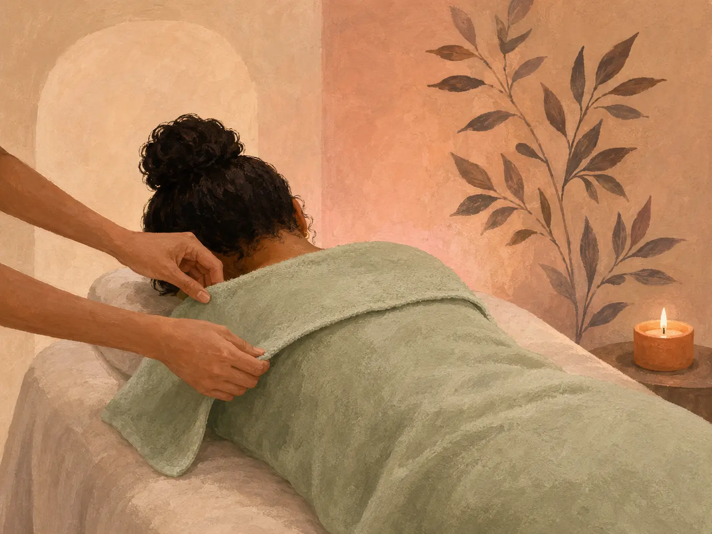 Ilustração de um momento relaxante em uma sala de massagem