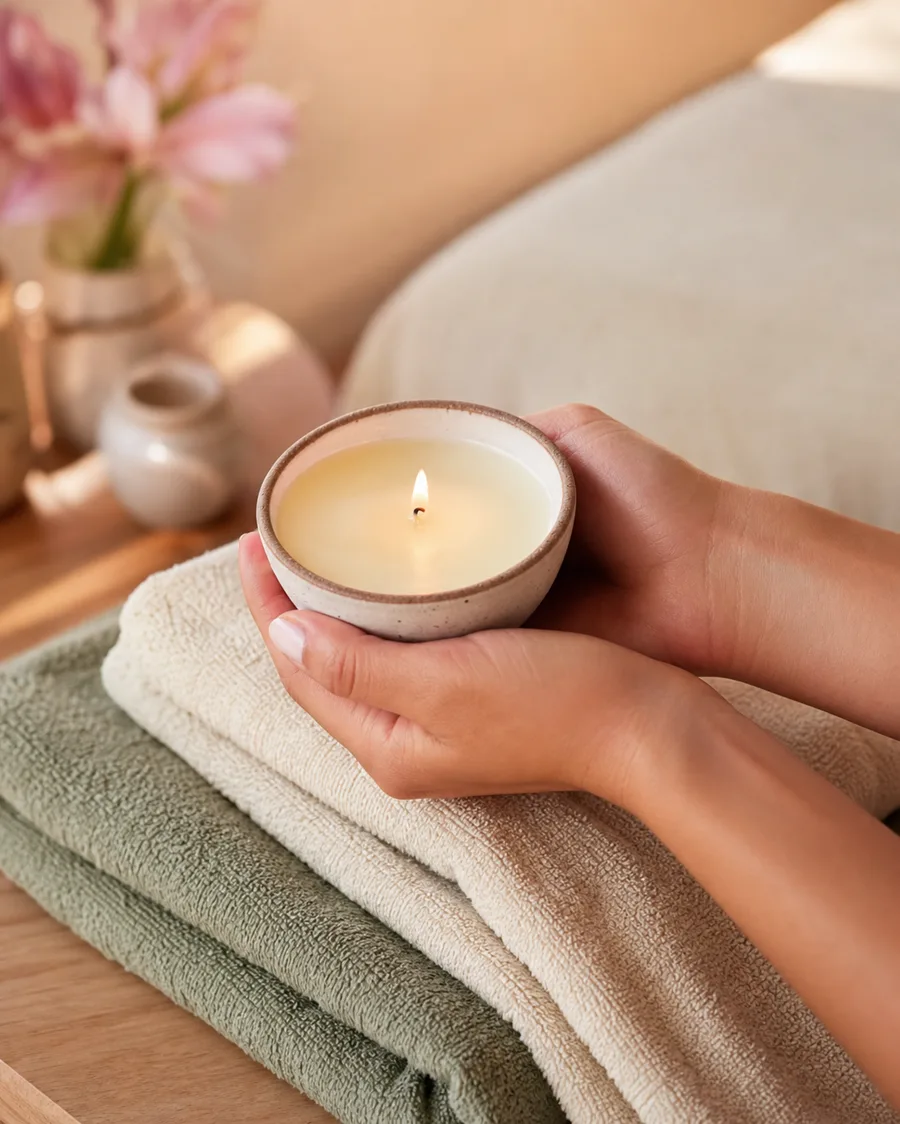 Mãos segurando uma vela de massagem ao lado de toalhas de spa