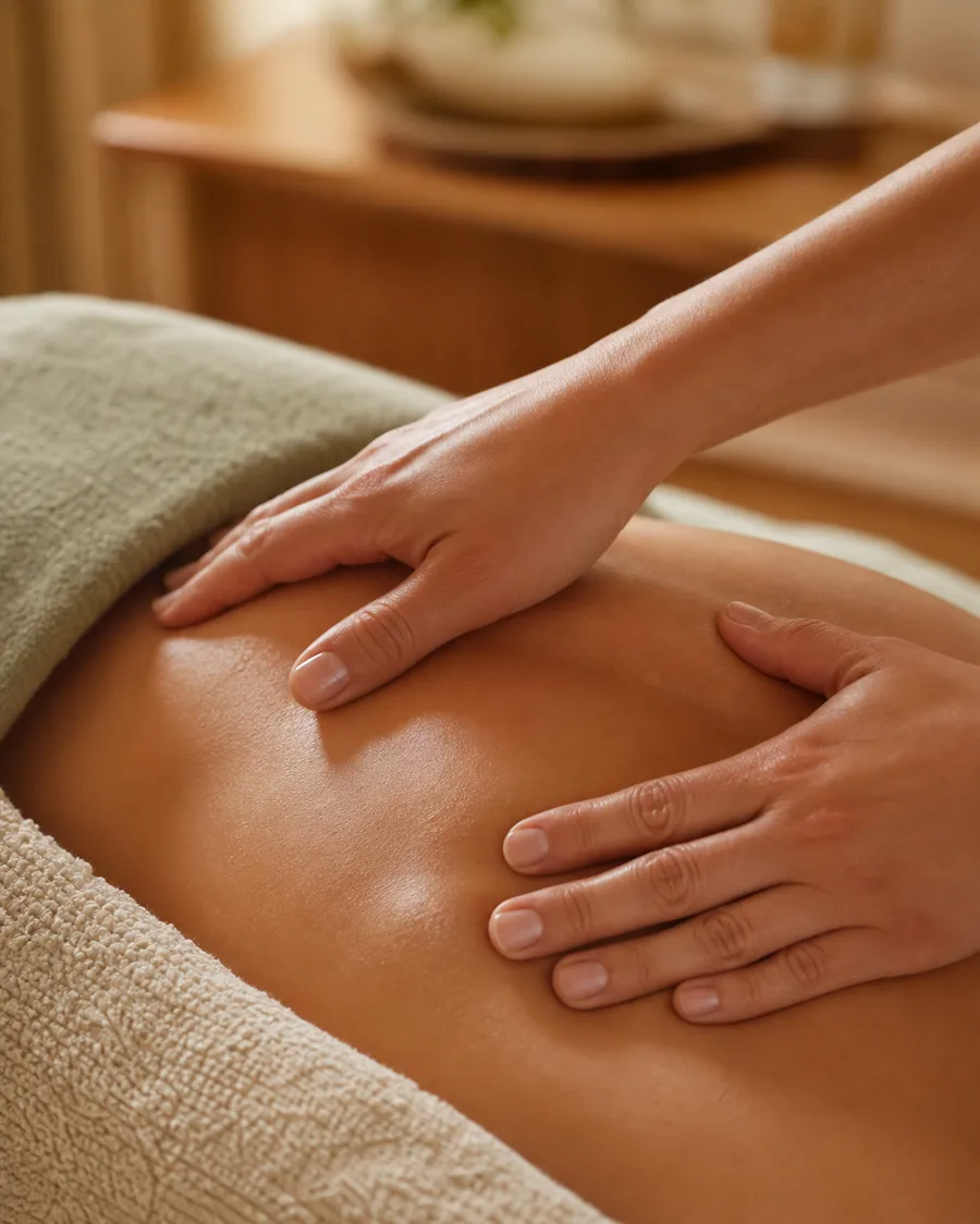 Mãos realizando movimentos de massagem relaxante nas costas