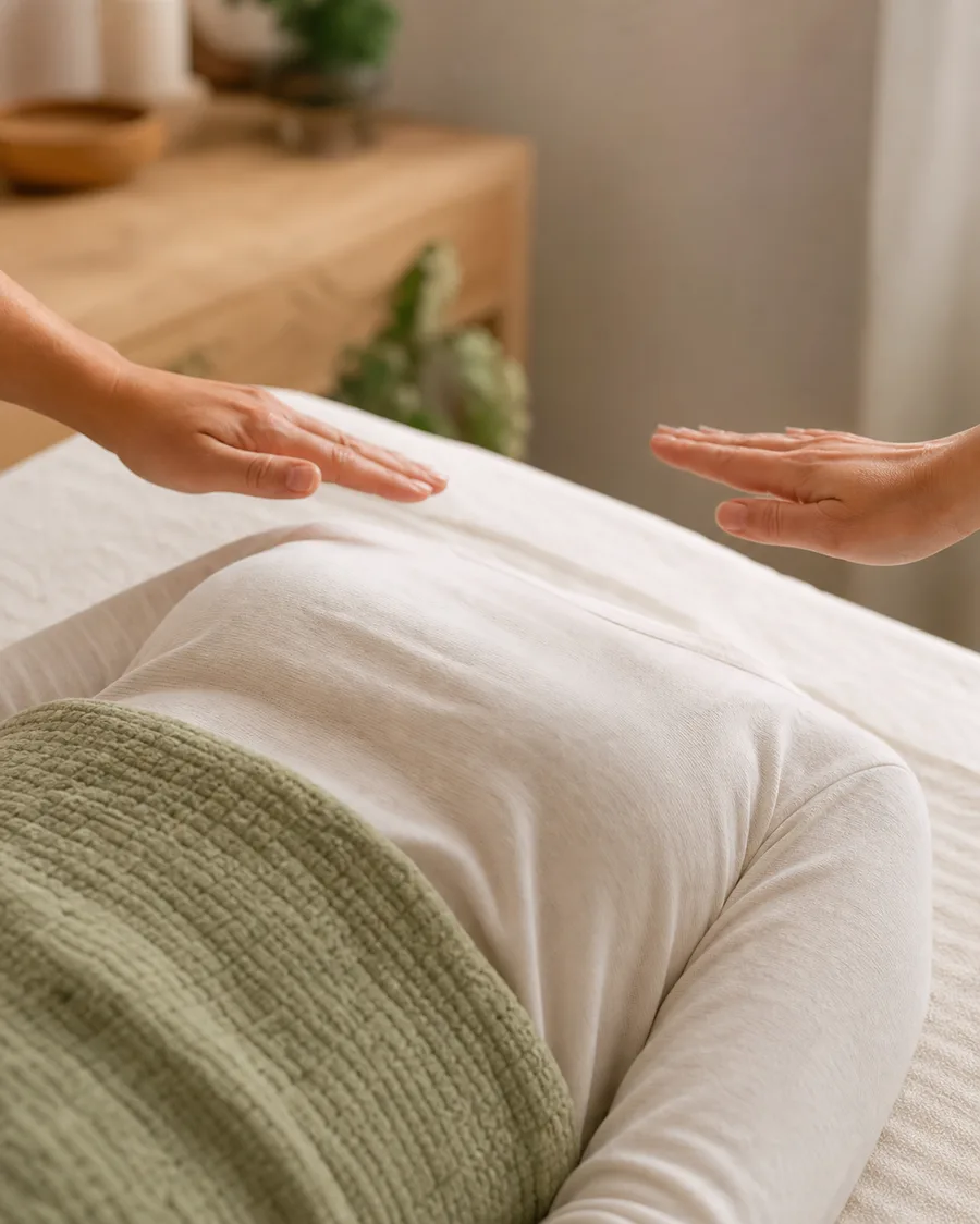 Mãos aproximadas de uma cliente vestida durante uma sessão de Reiki